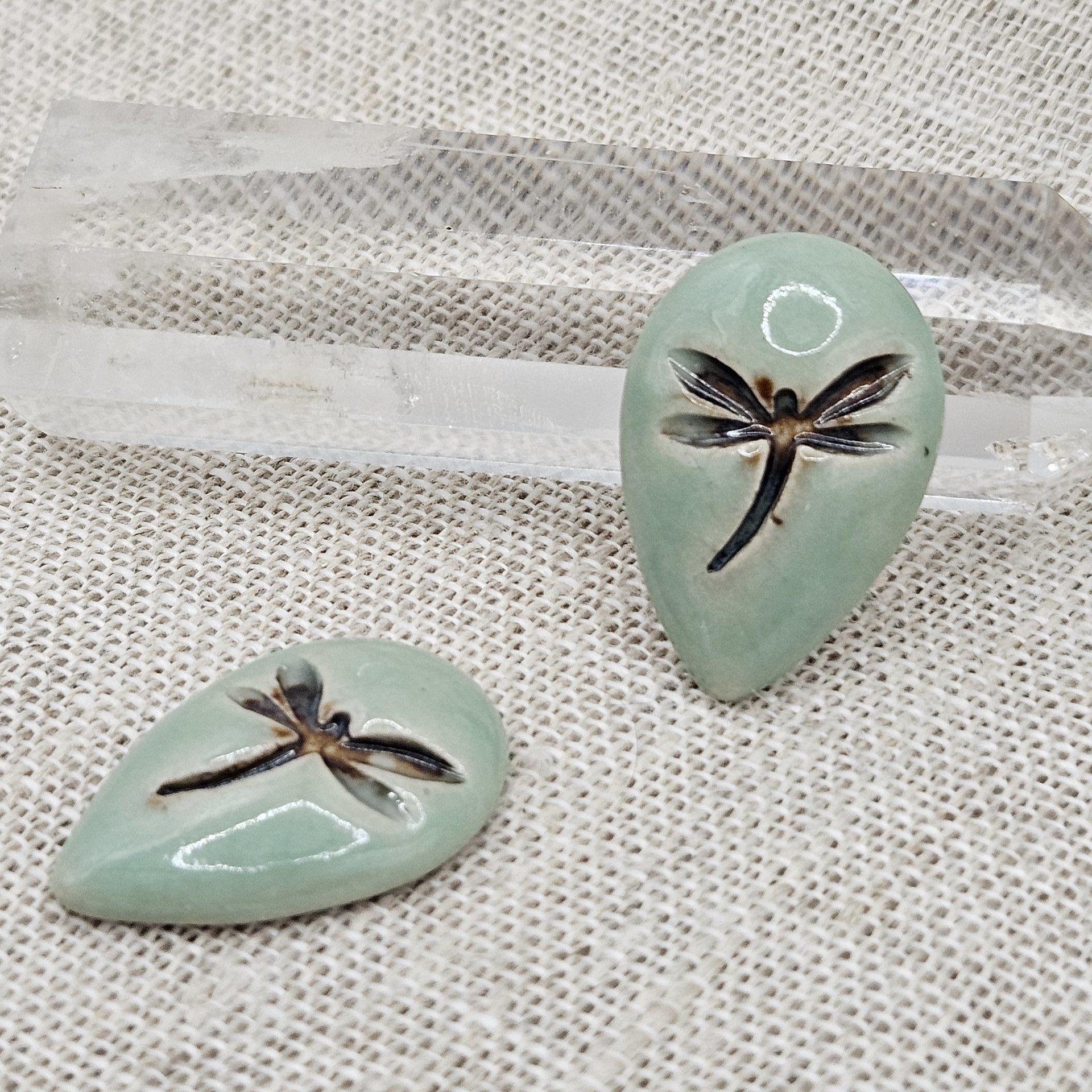 Dragonfly Drop Artisan Ceramic Cabochons, Green Brown, one piece