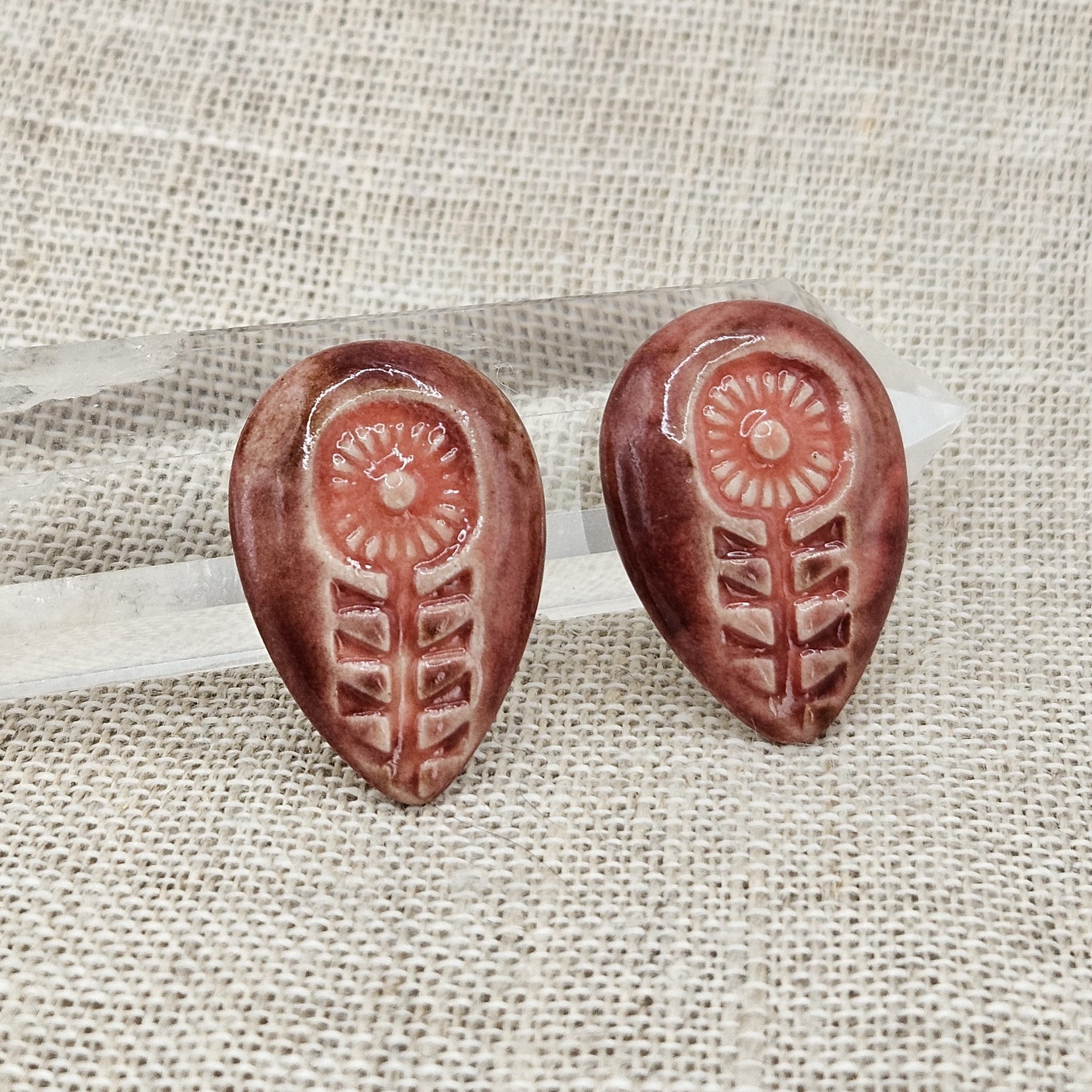 Flower Drop Artisan Ceramic Cabochons, Pink/Old Rose, one piece