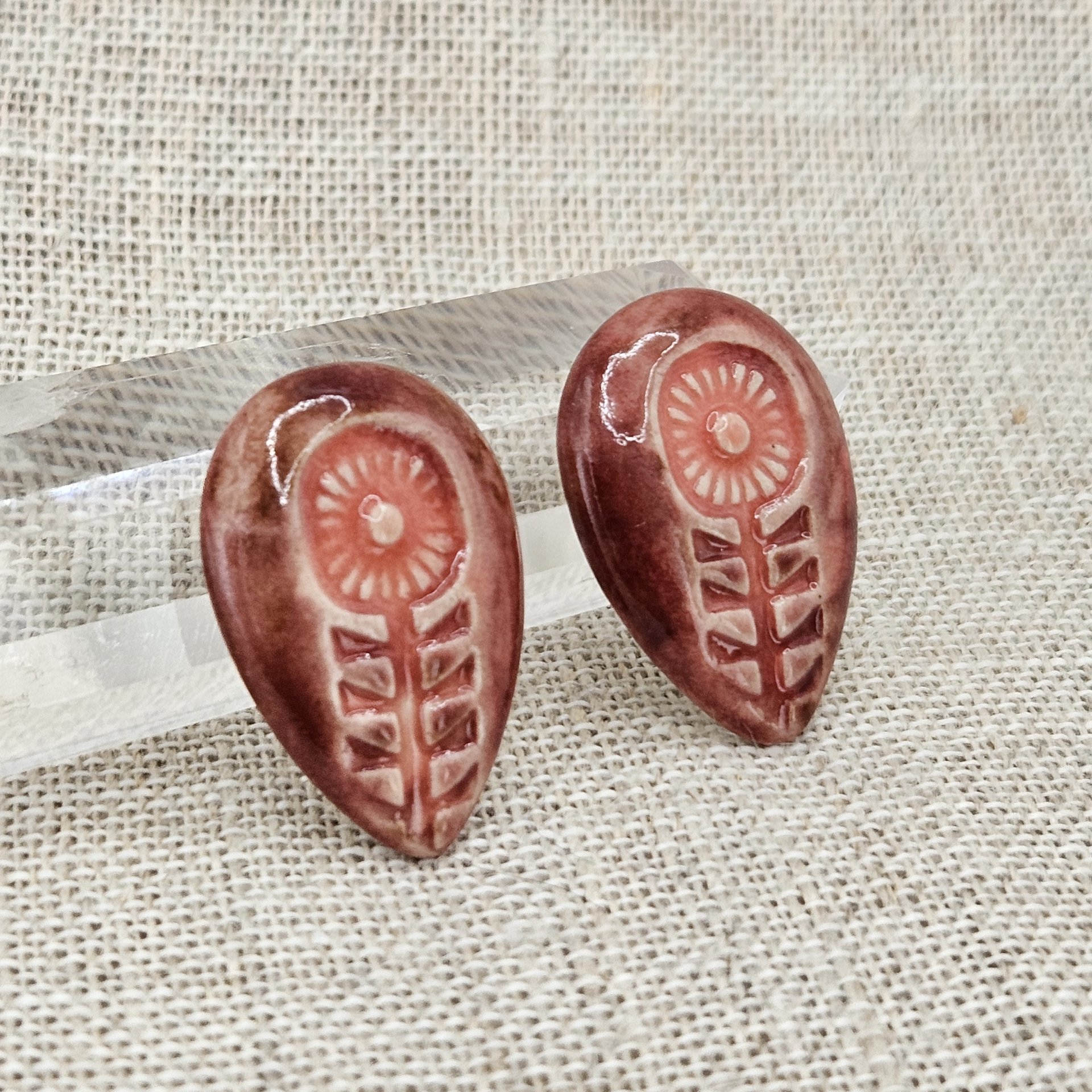 Flower Drop Artisan Ceramic Cabochons, Pink/Old Rose, one piece