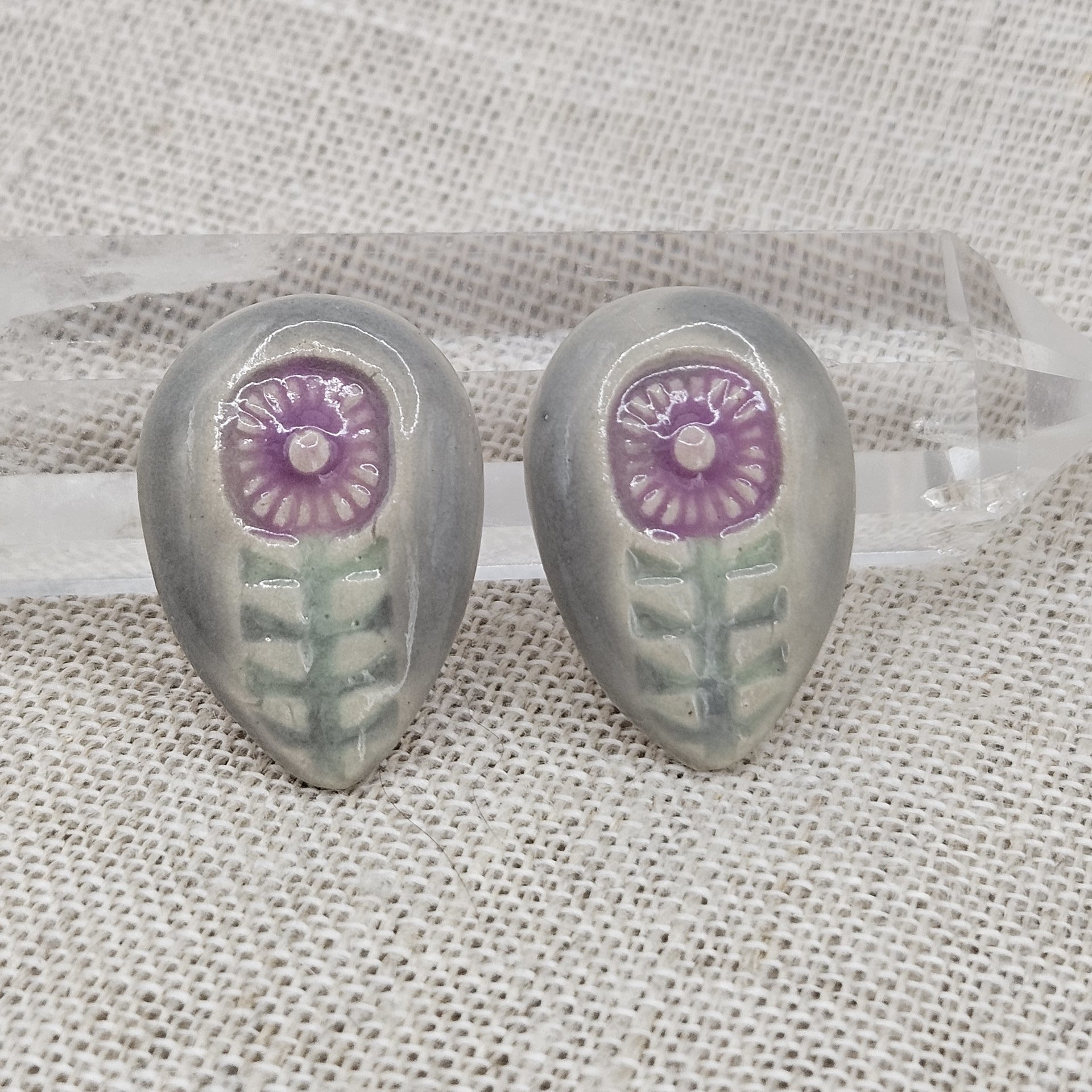 Flower Drop Artisan Ceramic Cabochons, Purple and Gray, one piece