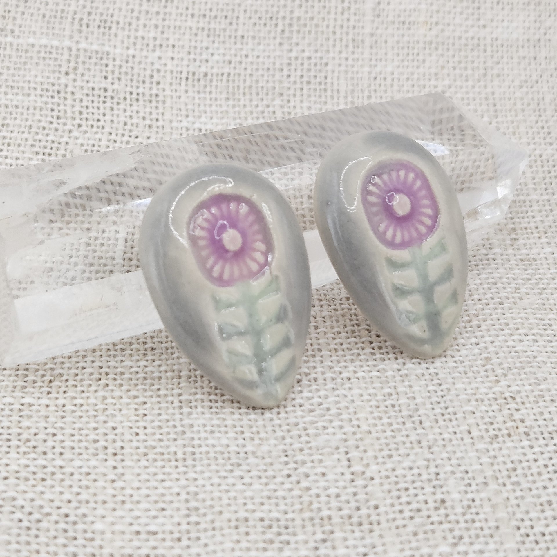Flower Drop Artisan Ceramic Cabochons, Purple and Gray, one piece