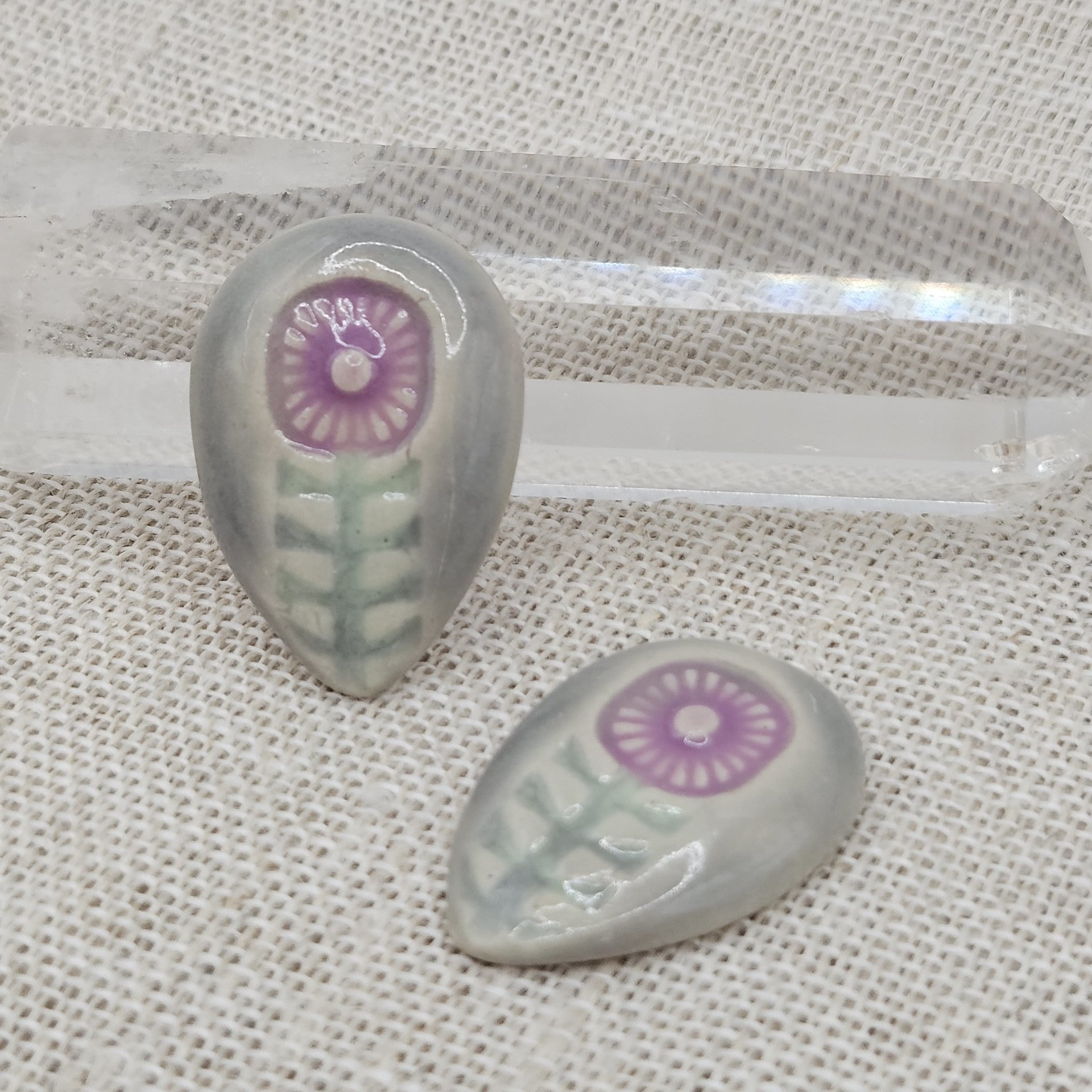 Flower Drop Artisan Ceramic Cabochons, Purple and Gray, one piece