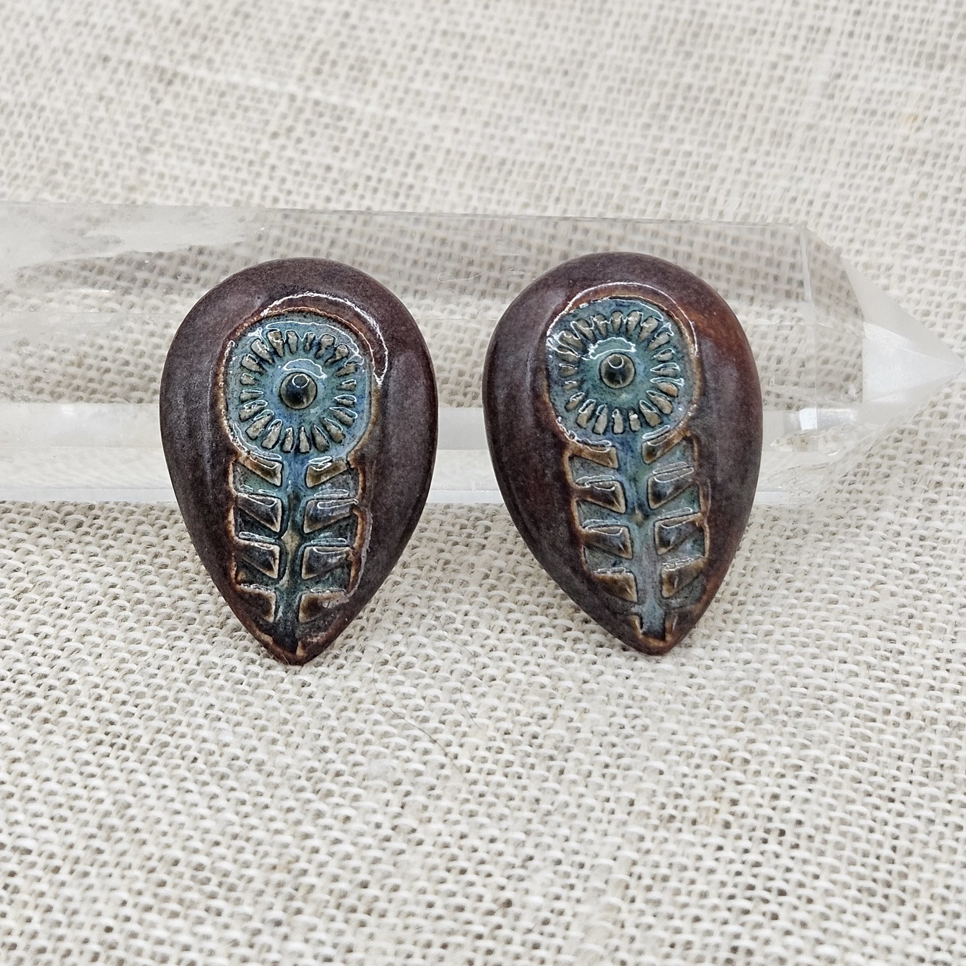 Flower Drop Artisan Ceramic Cabochons, Teal and Smokey Merlot, one piece