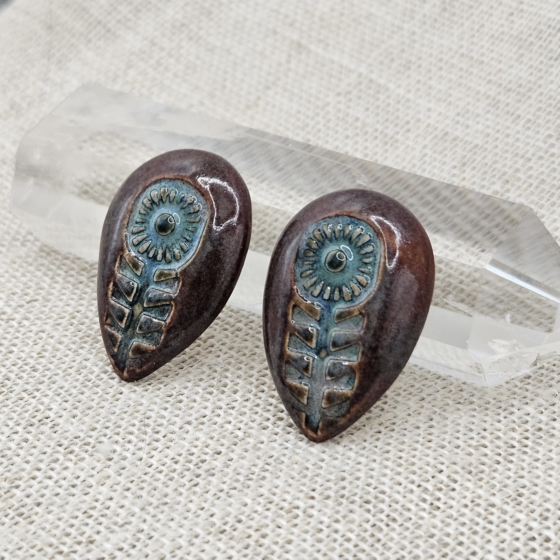 Flower Drop Artisan Ceramic Cabochons, Teal and Smokey Merlot, one piece