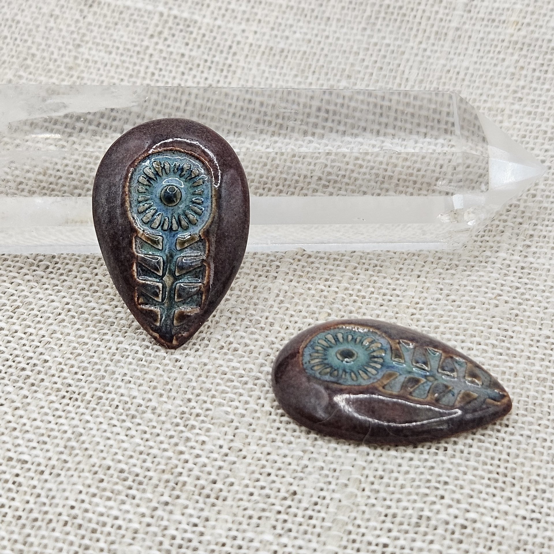 Flower Drop Artisan Ceramic Cabochons, Teal and Smokey Merlot, one piece