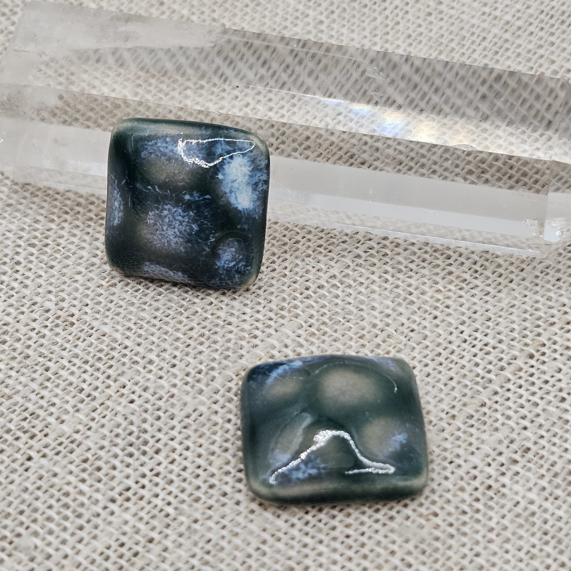 Square Artisan Ceramic Cabochons, 18x18mm, Deep Malachite Green with Blueish Clouds, one piece