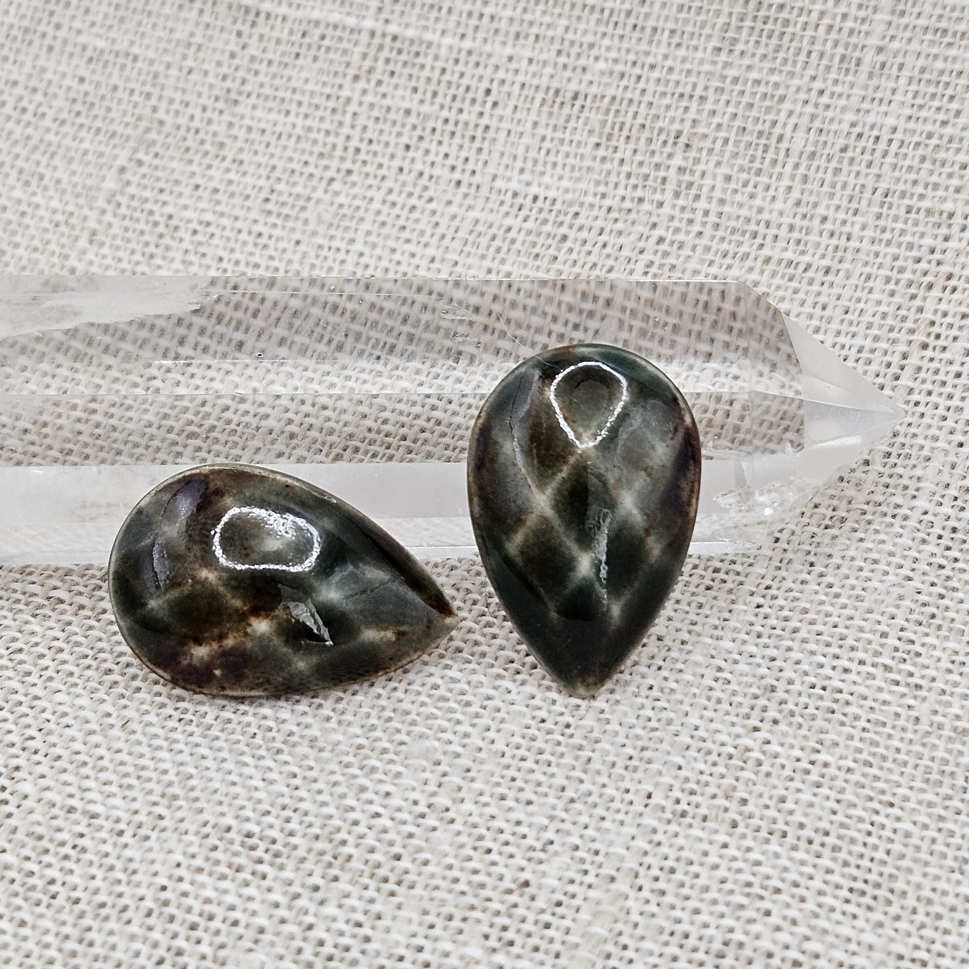 Faceted Drop Artisan Ceramic Cabochons, 25x16mm, Woody Forest, one piece