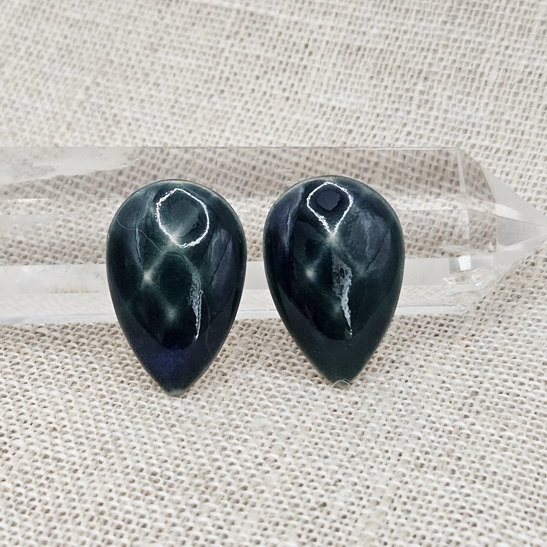 Faceted Drop Artisan Ceramic Cabochons, 25x16mm, Deep Green, one piece