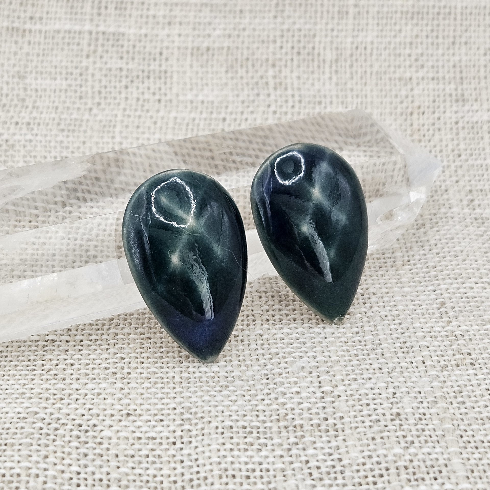 Faceted Drop Artisan Ceramic Cabochons, 25x16mm, Deep Green, one piece