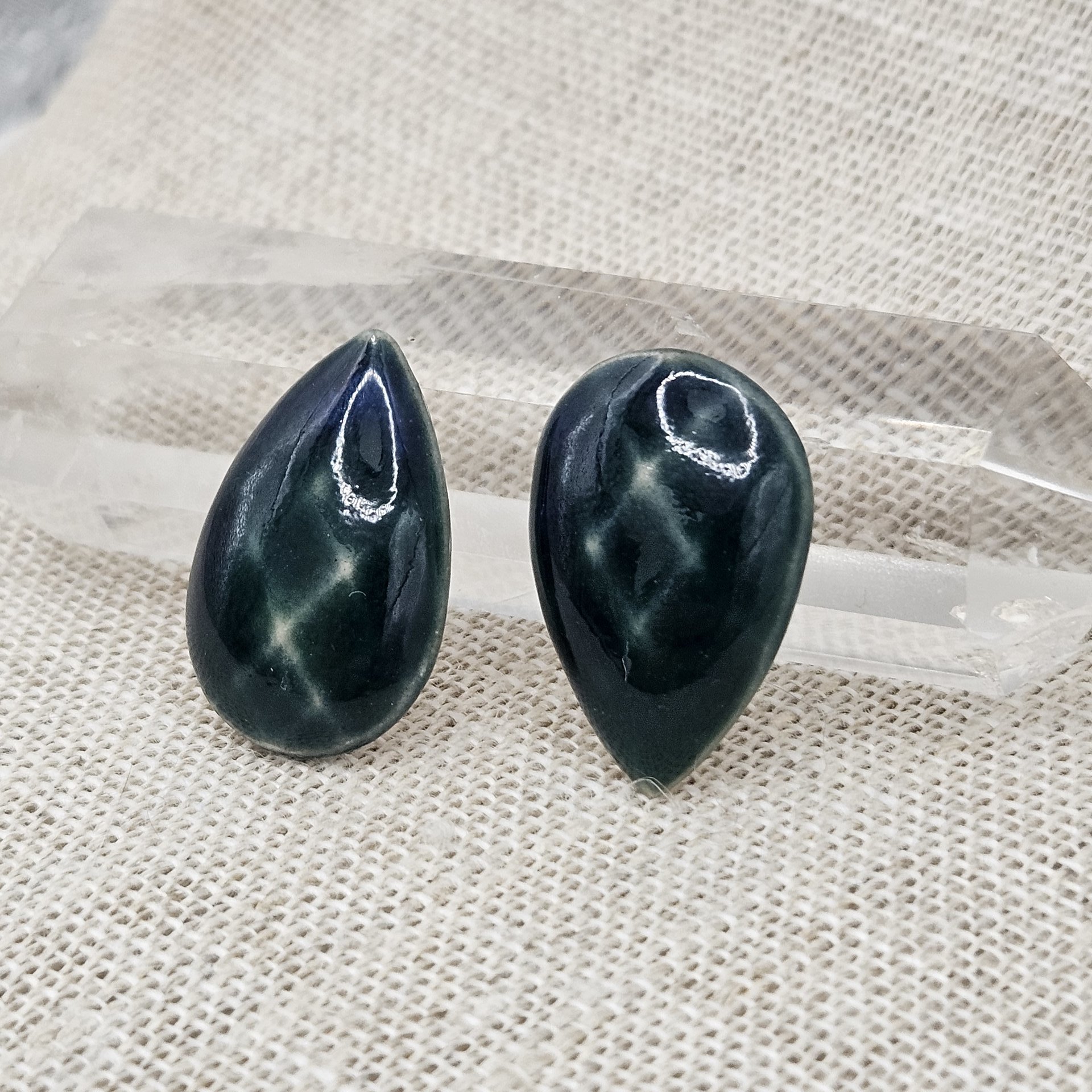 Faceted Drop Artisan Ceramic Cabochons, 25x16mm, Deep Green, one piece