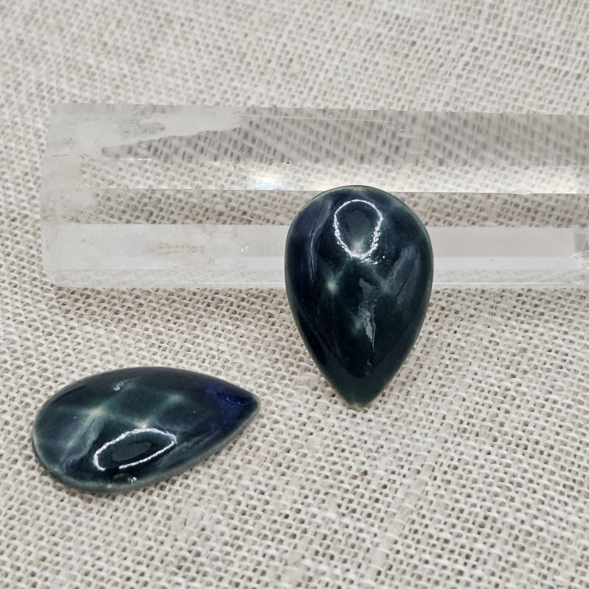 Faceted Drop Artisan Ceramic Cabochons, 25x16mm, Deep Green, one piece
