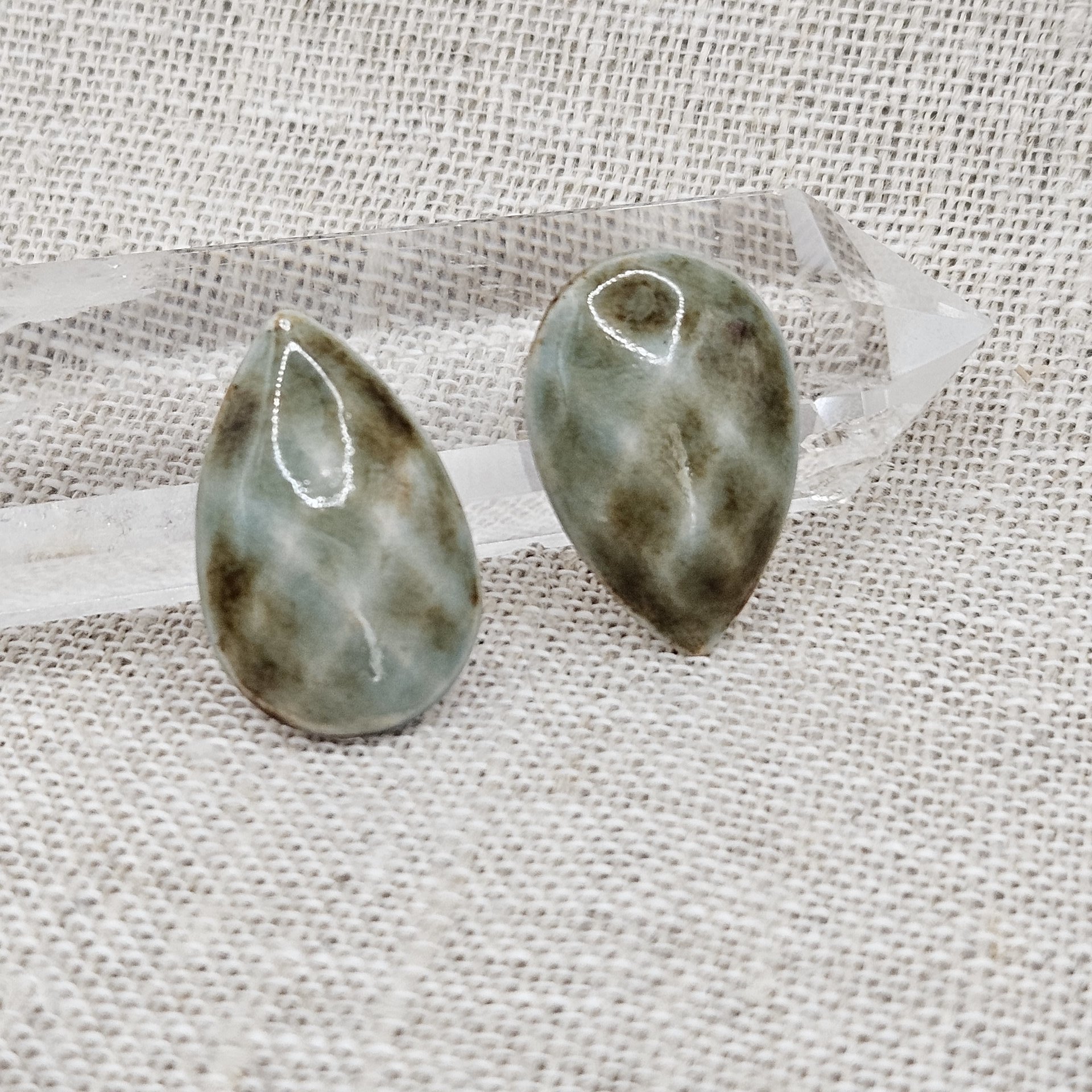 Faceted Drop Artisan Ceramic Cabochons, 25x16mm, Brownish Seafoam, one piece