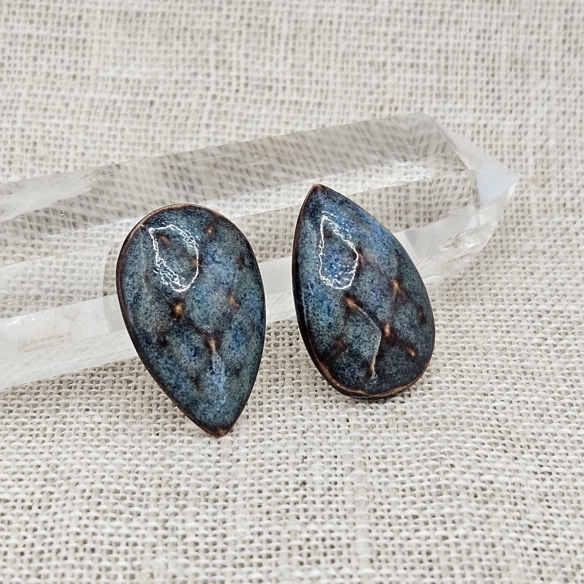 Faceted Drop Artisan Ceramic Cabochons, 25x16mm, Brownish Blue, one piece