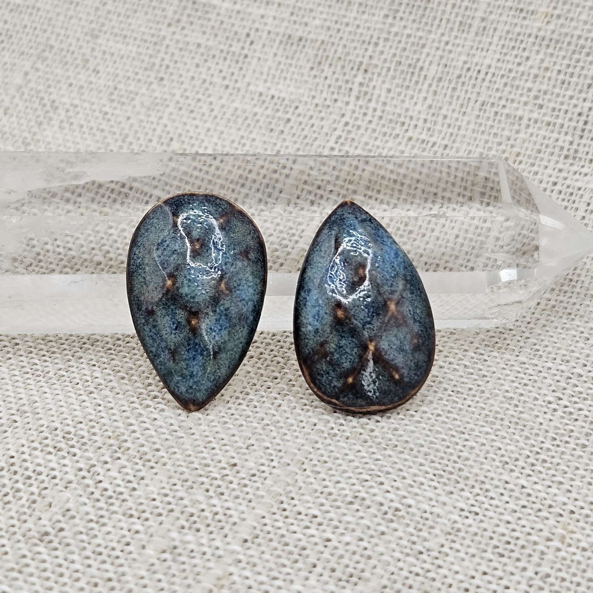 Faceted Drop Artisan Ceramic Cabochons, 25x16mm, Brownish Blue, one piece