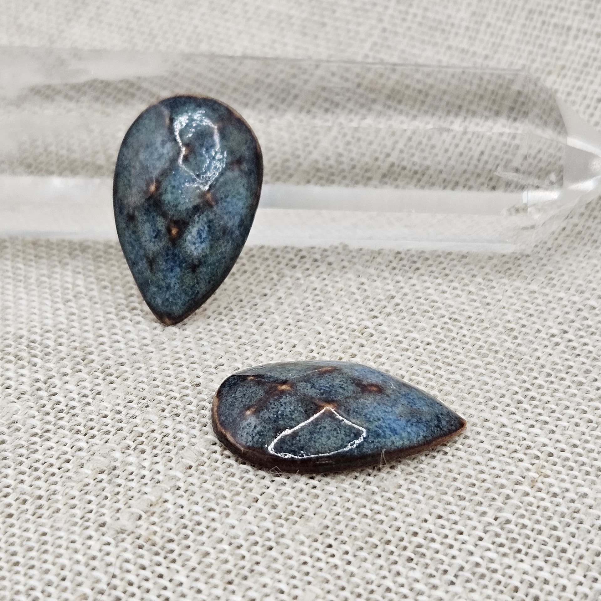Faceted Drop Artisan Ceramic Cabochons, 25x16mm, Brownish Blue, one piece