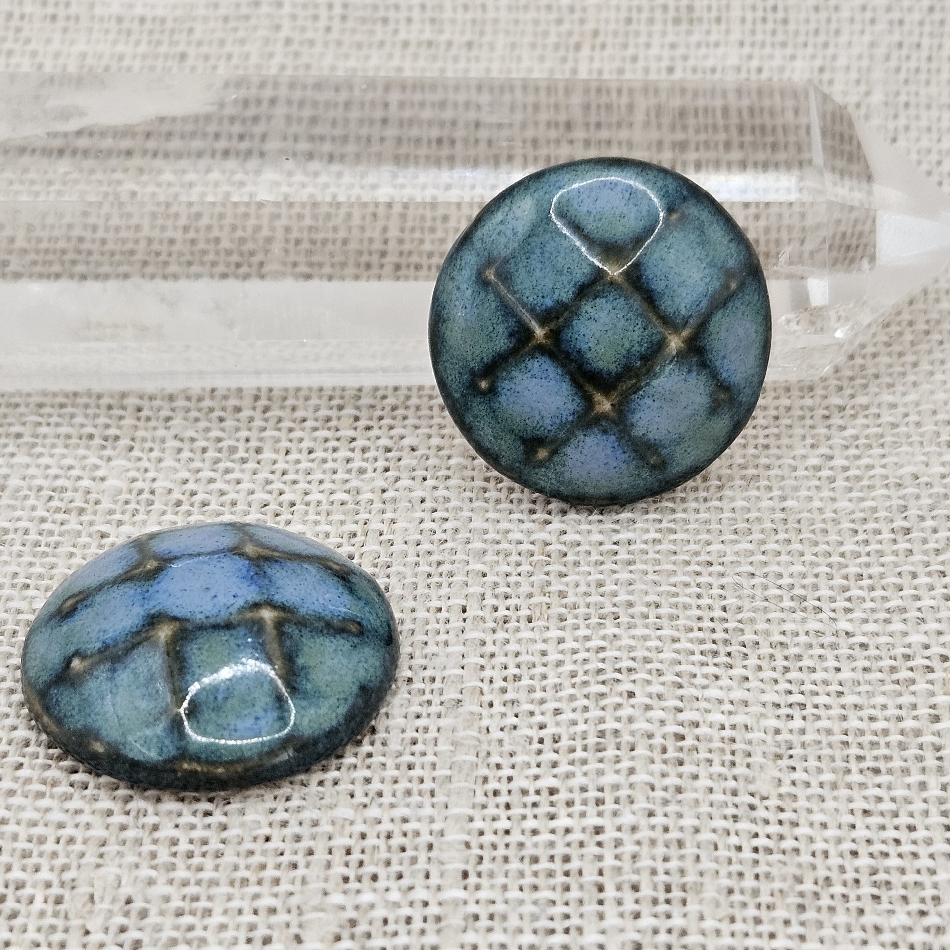 Round Faceted Artisan Ceramic Cabochons, Blue Green Travertine, one piece