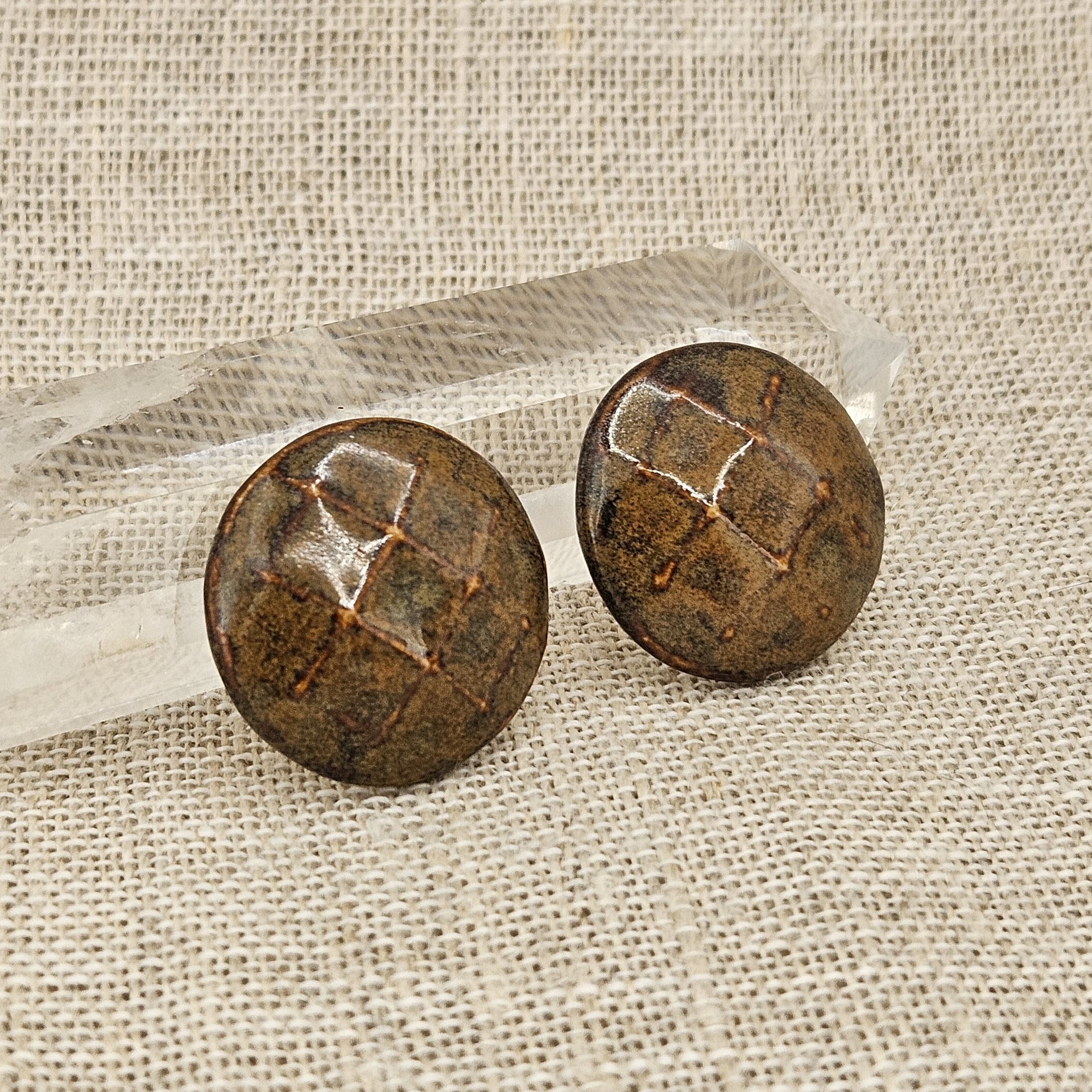 Round Faceted Artisan Ceramic Cabochons, Yellow Brown, one piece
