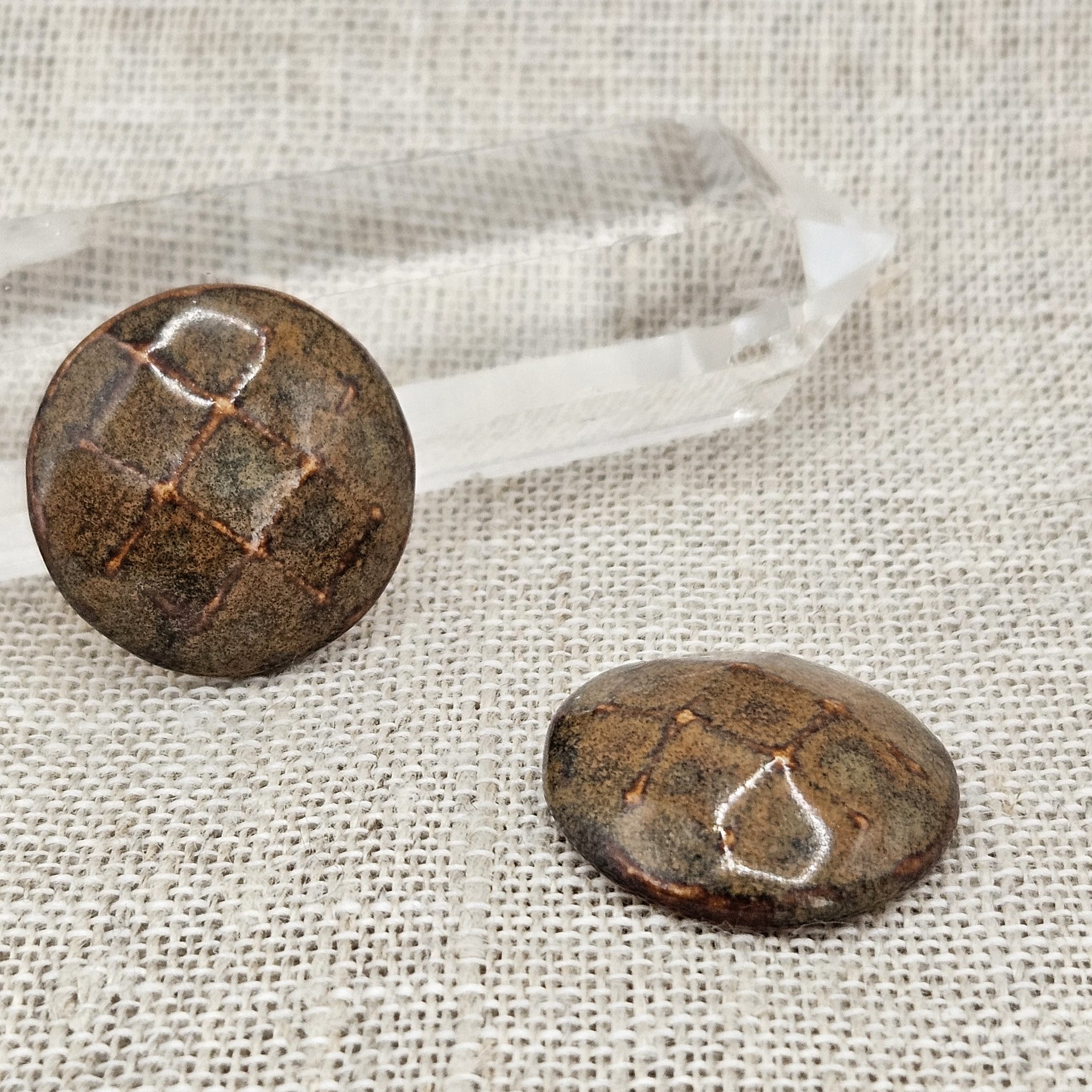 Round Faceted Artisan Ceramic Cabochons, Yellow Brown, one piece