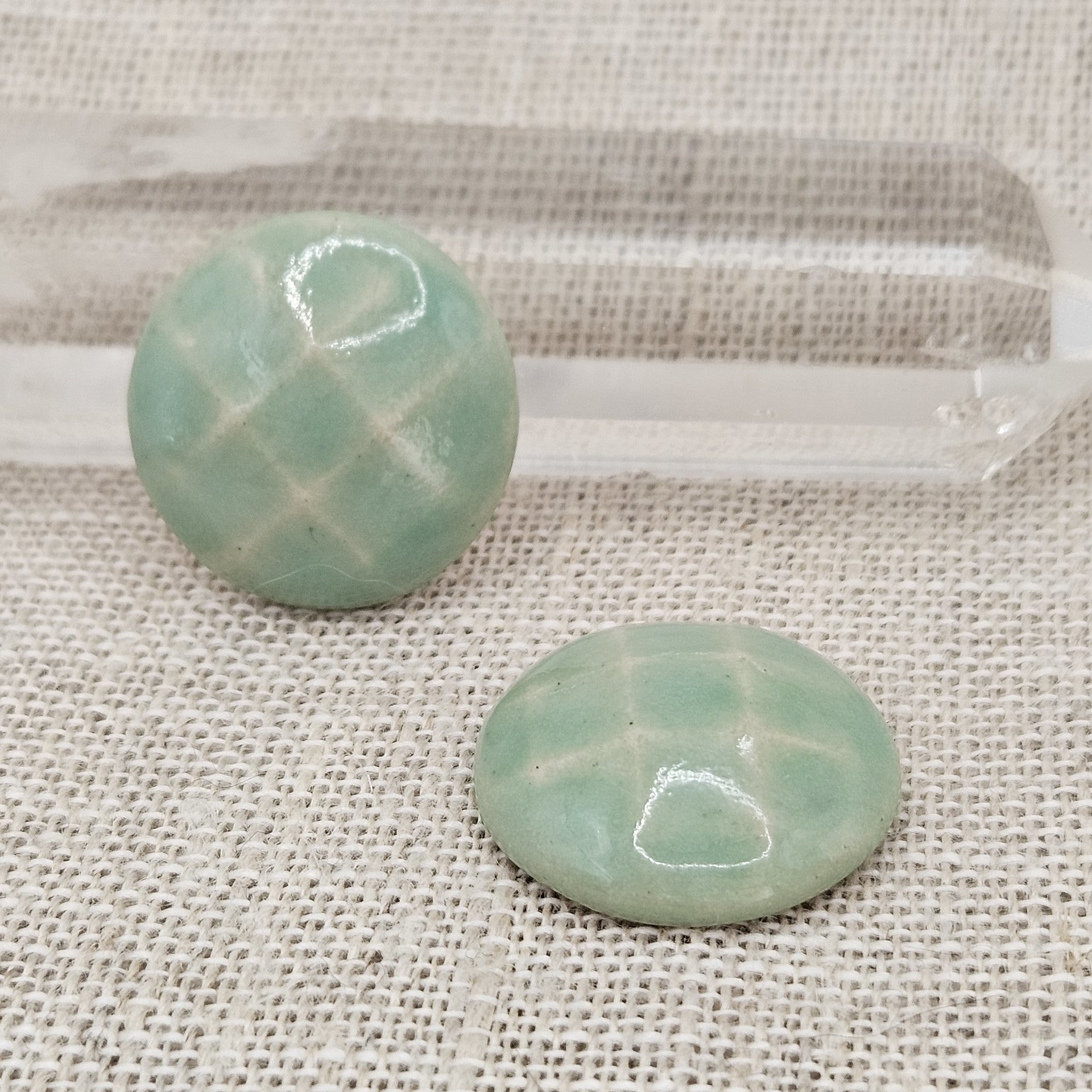 Round Faceted Artisan Ceramic Cabochons, Mint, one piece