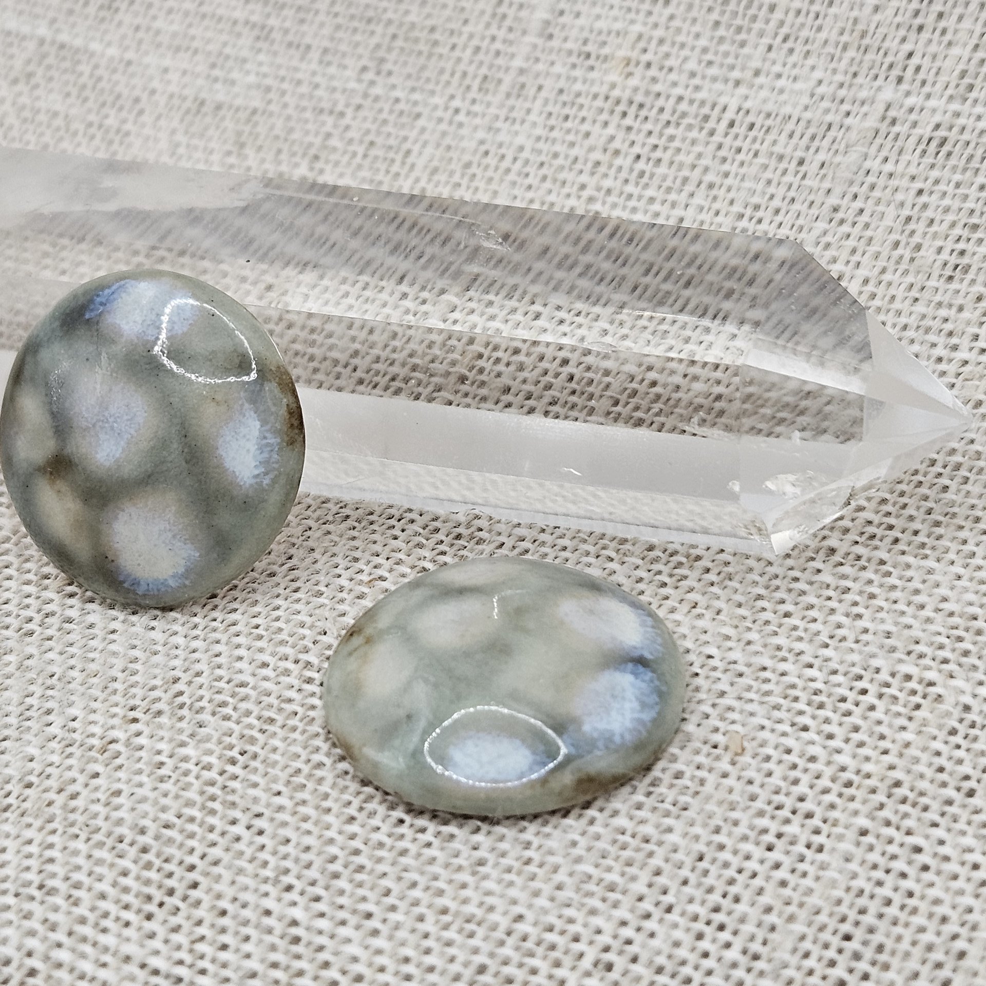 Round Artisan Ceramic Cabochons, Brownish Mint Opal Dots, one piece