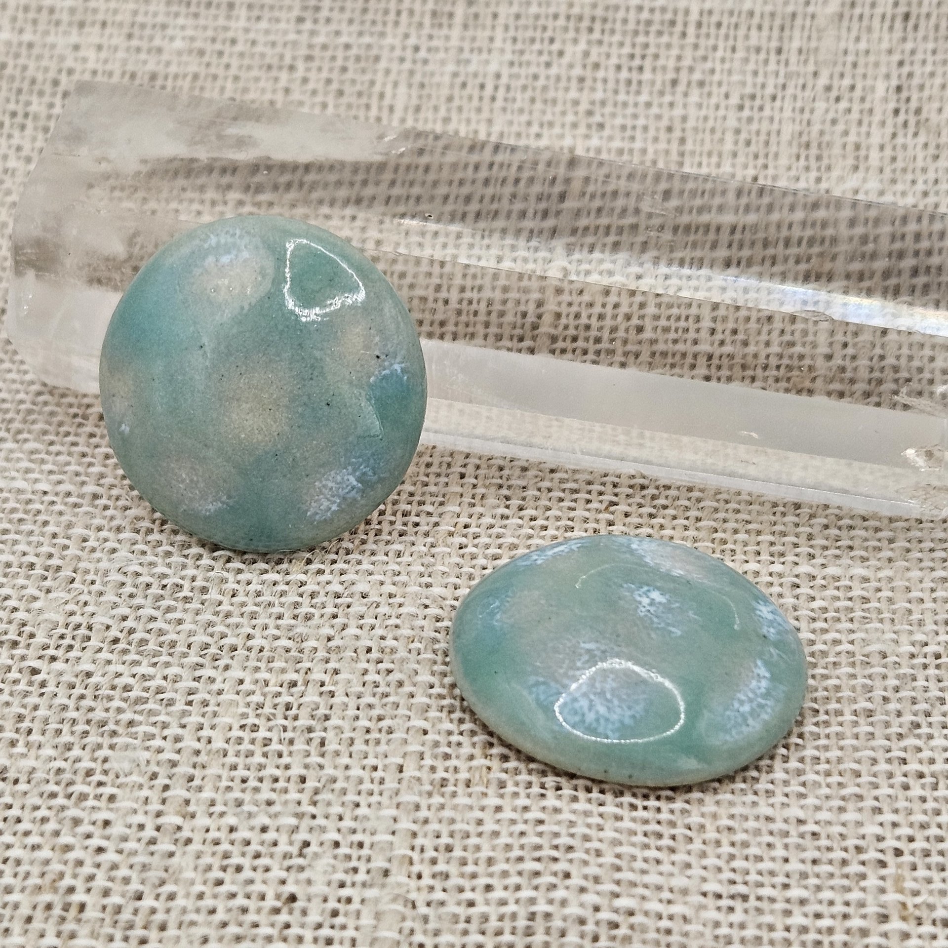 Round Artisan Ceramic Cabochons, Mint Beige Opal Dots, one piece