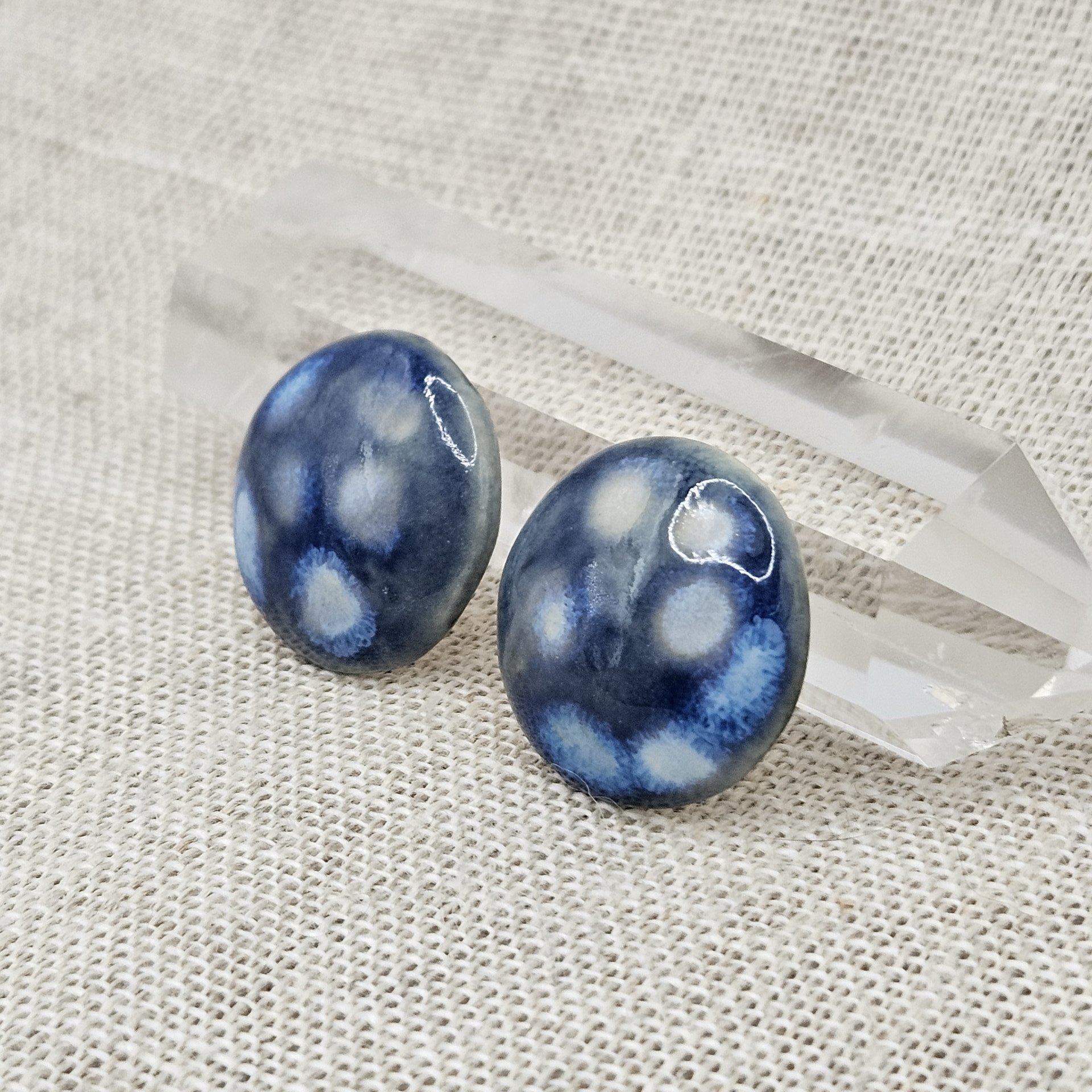 Round Artisan Ceramic Cabochons, Sapphire Opal Dots, one piece