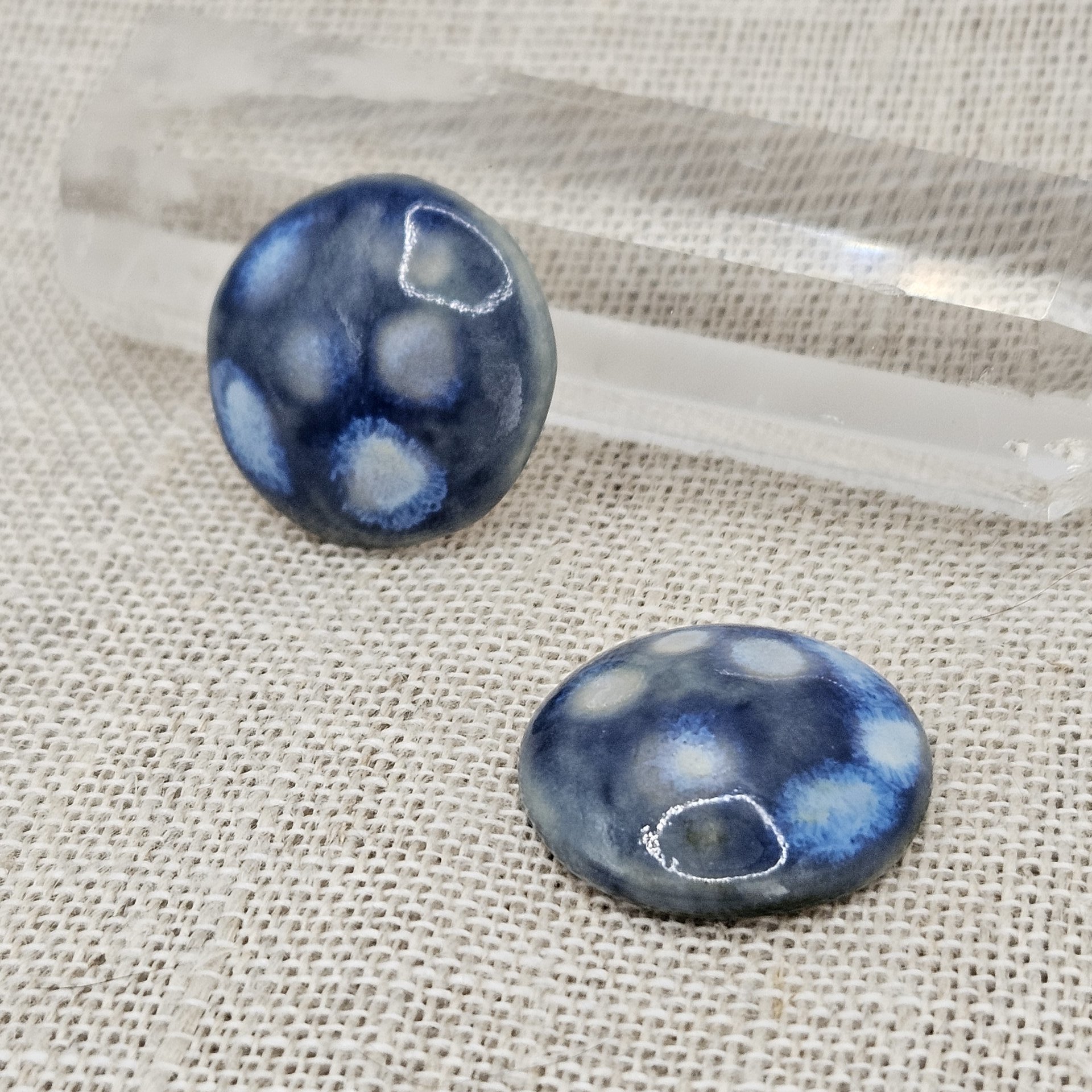 Round Artisan Ceramic Cabochons, Sapphire Opal Dots, one piece