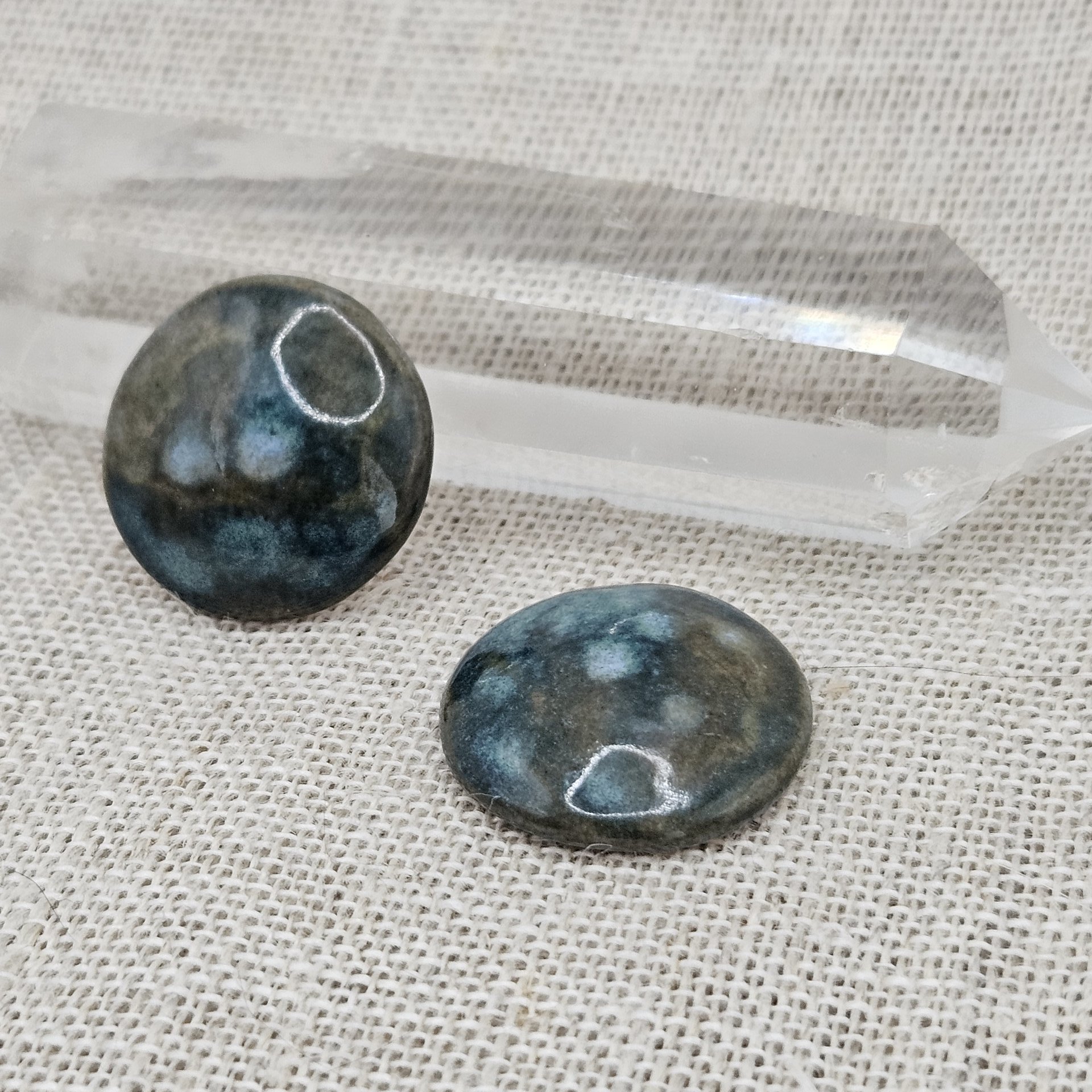 Round Artisan Ceramic Cabochons, Teal Travertine, one piece
