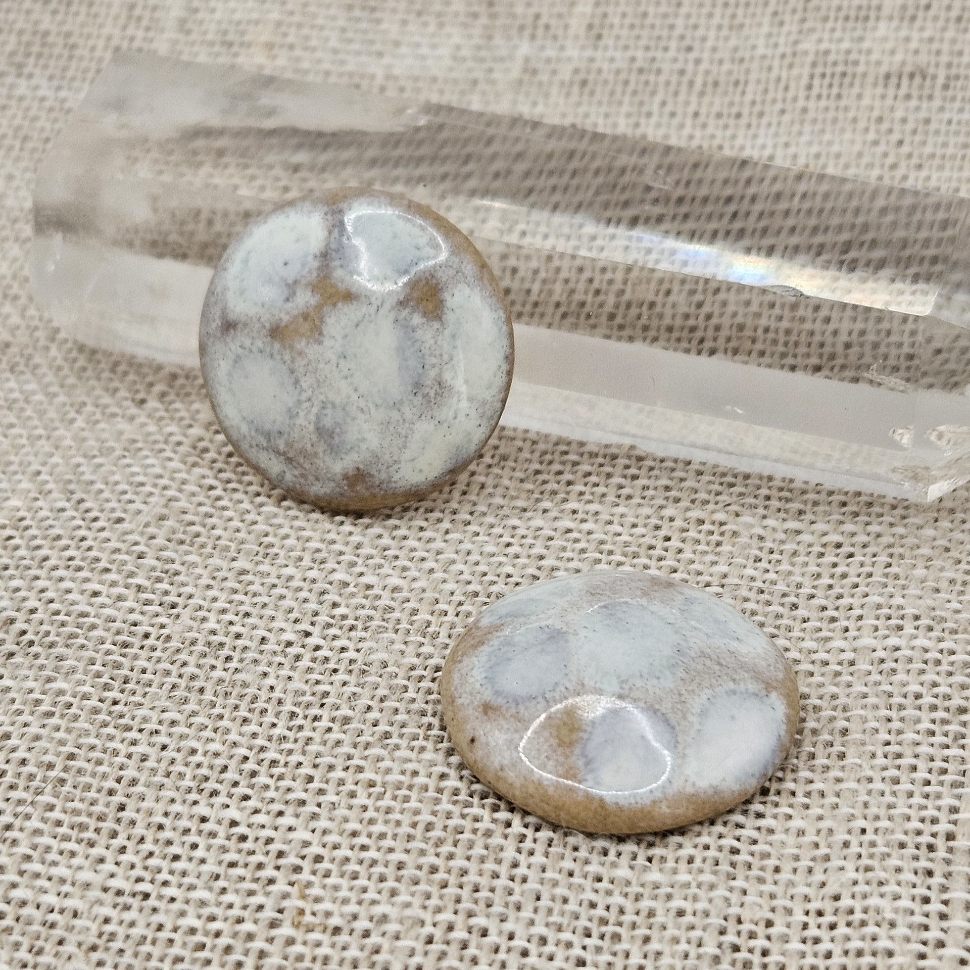 Round Artisan Ceramic Cabochons, Beige Opal White Dots, one piece