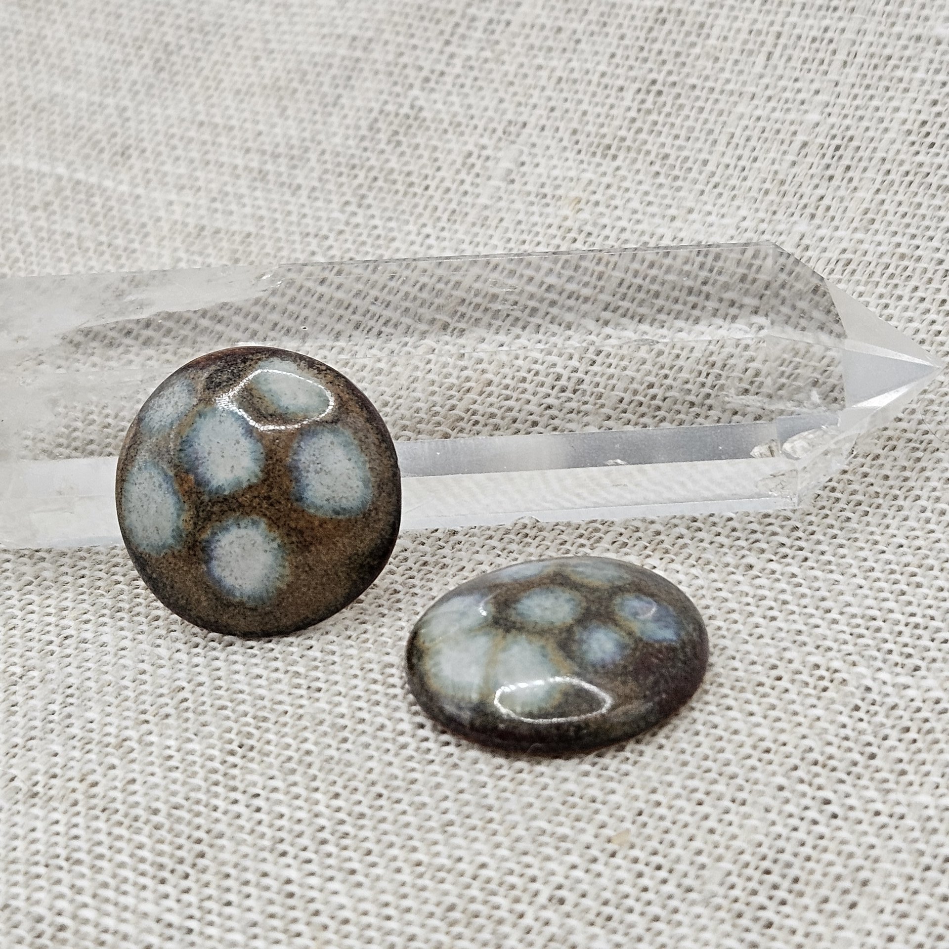 Round Artisan Ceramic Cabochons, Dark Brown White Dots, one piece