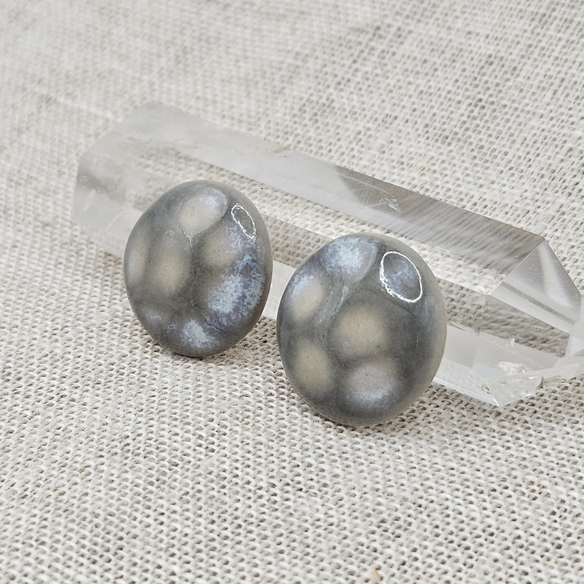 Round Artisan Ceramic Cabochons, Gray Opal Dots, one piece