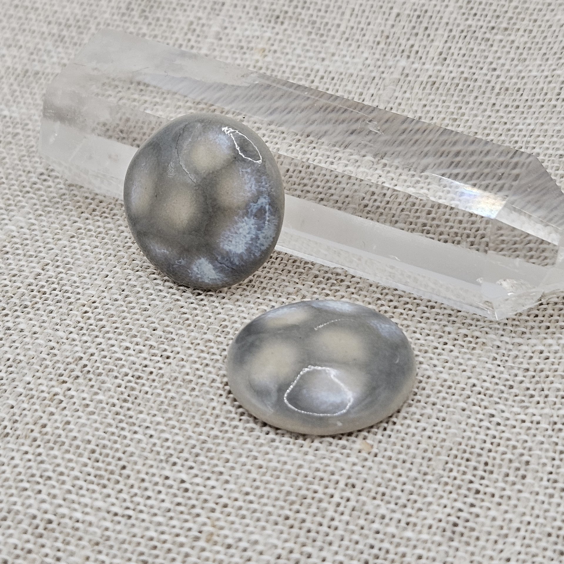 Round Artisan Ceramic Cabochons, Gray Opal Dots, one piece