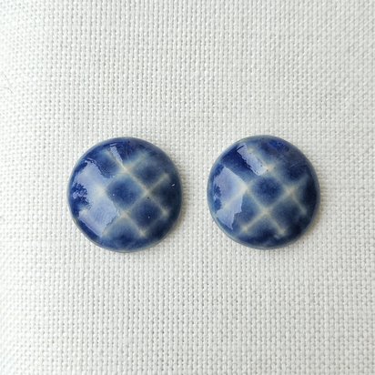 Round Faceted Artisan Ceramic Cabochons, Cloudy Sapphire, one pair